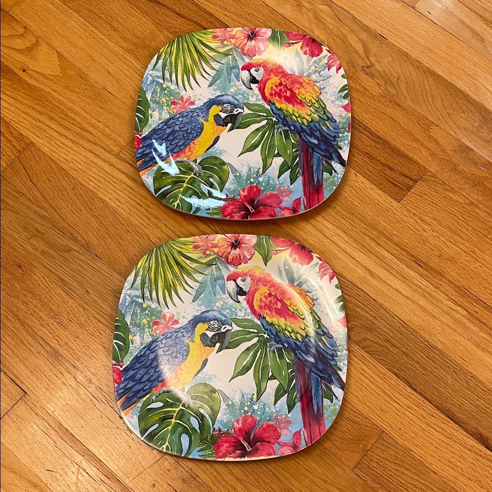 Certified International Elena Vladykina Parrot Melamine Plates. Set of 2. EUC